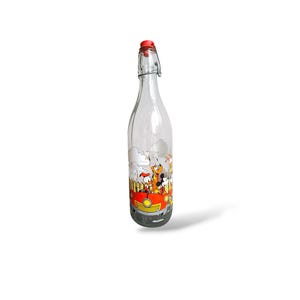 May include: A clear glass bottle with a red stopper and a metal clasp. The bottle features a colorful cartoon design of characters in a red car. The bottle is empty and has a long, slender shape.