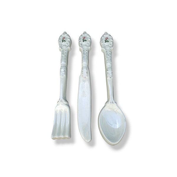 Vintage aardewerk mes en vork en lepel,keukendecoratie,earthenware knife and fork and spoon,home deco,90s