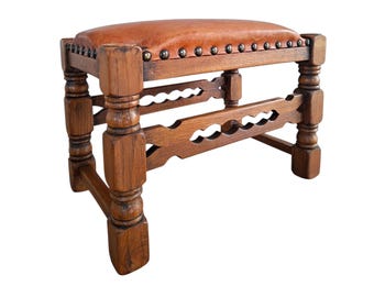 Vintage oak footstool, mid-century leather upholstery, Brutalist style, country interior