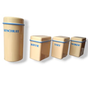 Vintage kitchen storage canisters, Kitchen storage canisters, decorative storage, Dutch text, Rusk-Coffee-Tea-Sugar