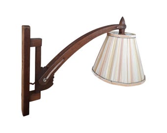 Vintage wooden wall lamp, curved swivel arm, pleated shade, farmhouse style, mid-century