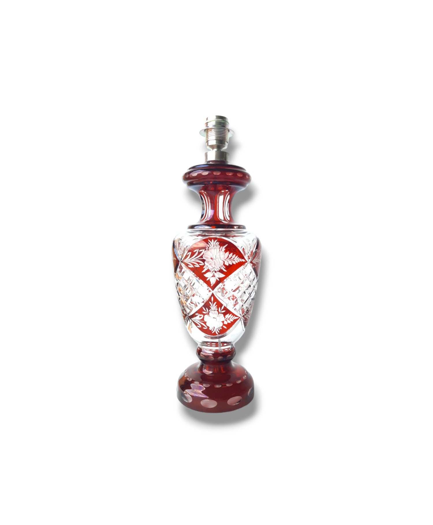 Vintage crystal lamp base, Val Saint Lambert, red and clear white crystal glass, European plug, home decoration, lighting.