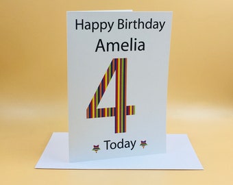 4th Birthday Card, Personalised Card, Age 4 Card, Number Cards, Age Birthday Card, Age 4 boy, Age 4 girl, Kids Birthday Cards