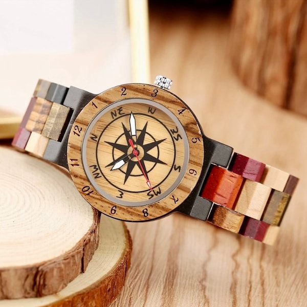 Compass Dial Wood Watch  Engraved, Personalized Wooden Bobo Bird Watch,Gift For Every Occasion