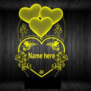 Ballons Hearts with 2 Angels 3D led Lamp RGB, Can be personalised,15 Colour changing LED Lamp With Remote Controller Handmade in UK