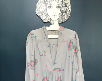 Ossie Clark for Radley beautiful grey crepe dress with floral print by Celia Birtwell, uk 8 - 10
