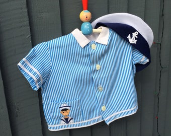 Heavenly baby vintage sailor top shirt with hand-stitched embroidery detail, 9-12 months, stripy blue white