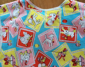 1950s farm animal pinafore apron girls 18m - 2 years, frilly ruffle trim, vintage