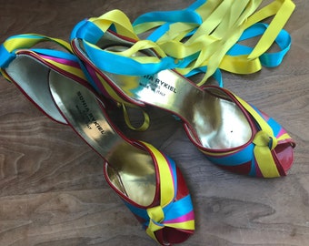 Incredible 1990s Sonia Rykiel red patent stripy carousel shoes with blue, pink & yellow ribbons