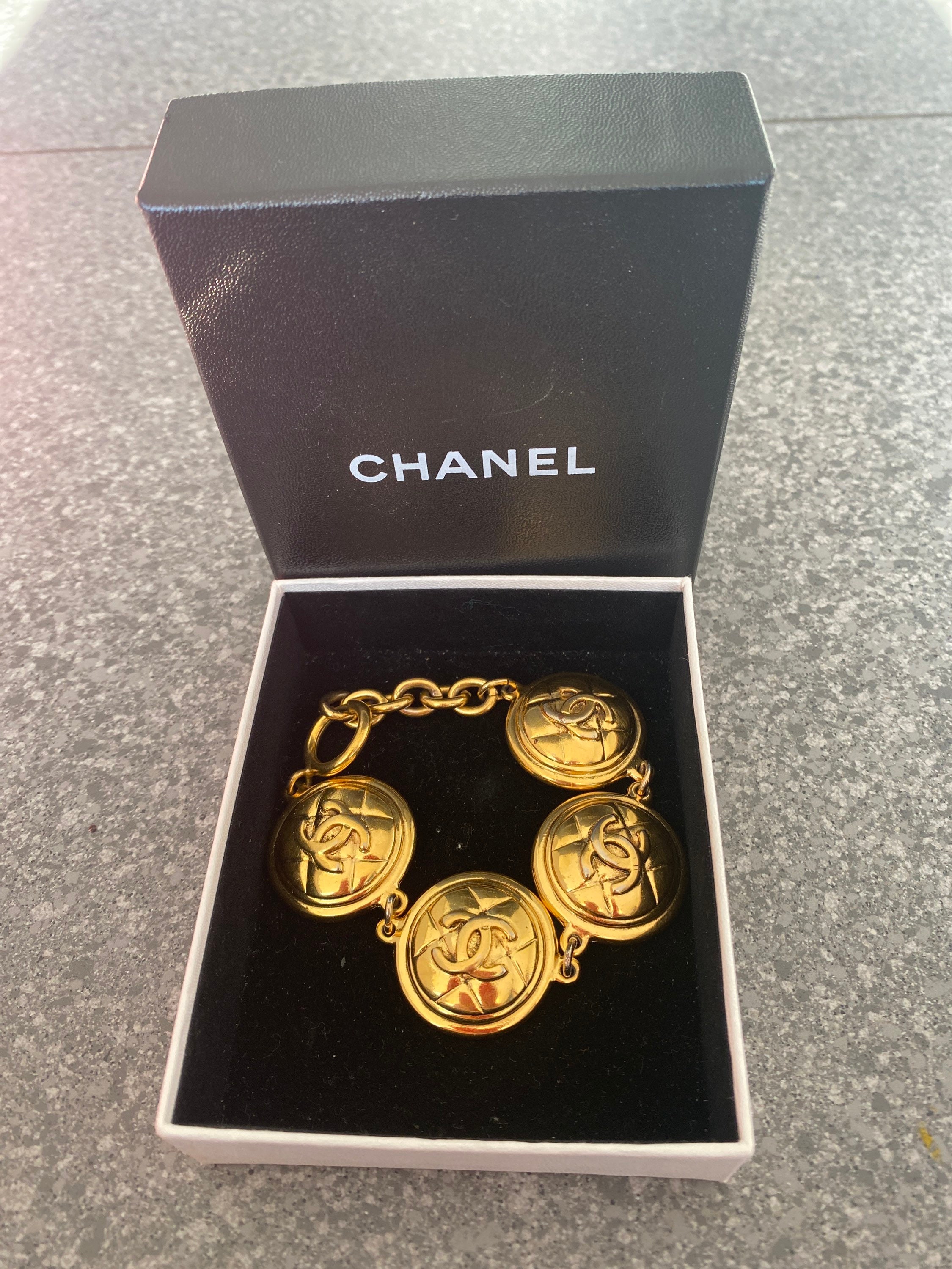 CHANEL Bracelet Vintage Gold Plated Chain Crown Motif Medal Pendant With  Box