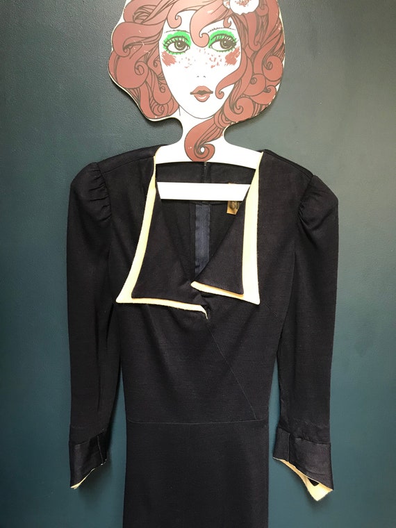 RARE 1970s BIBA dress, stunning shape, navy wool,
