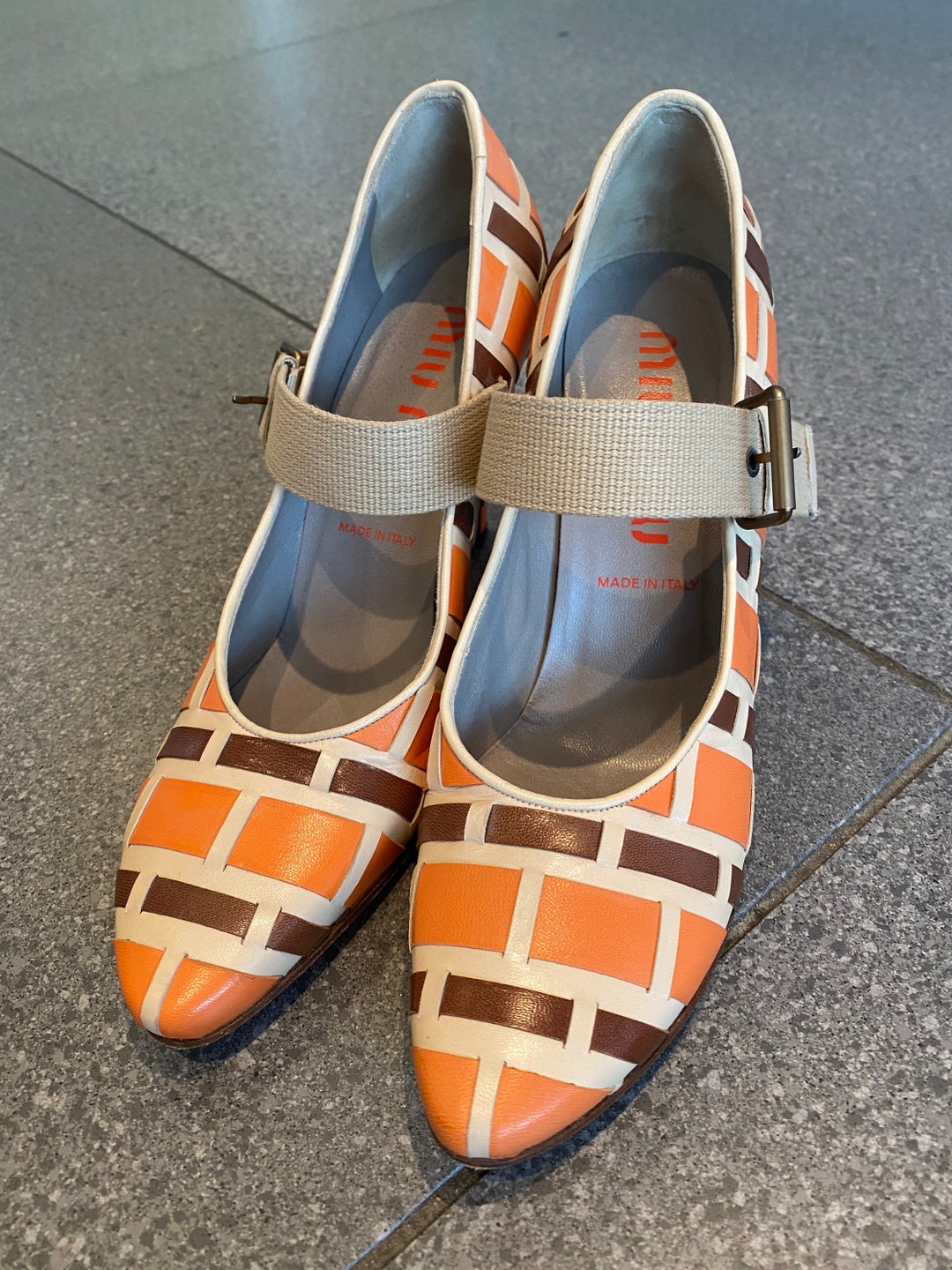Fabulous Miu Miu Mary Janes Orange/ Cream and Brown Lattice