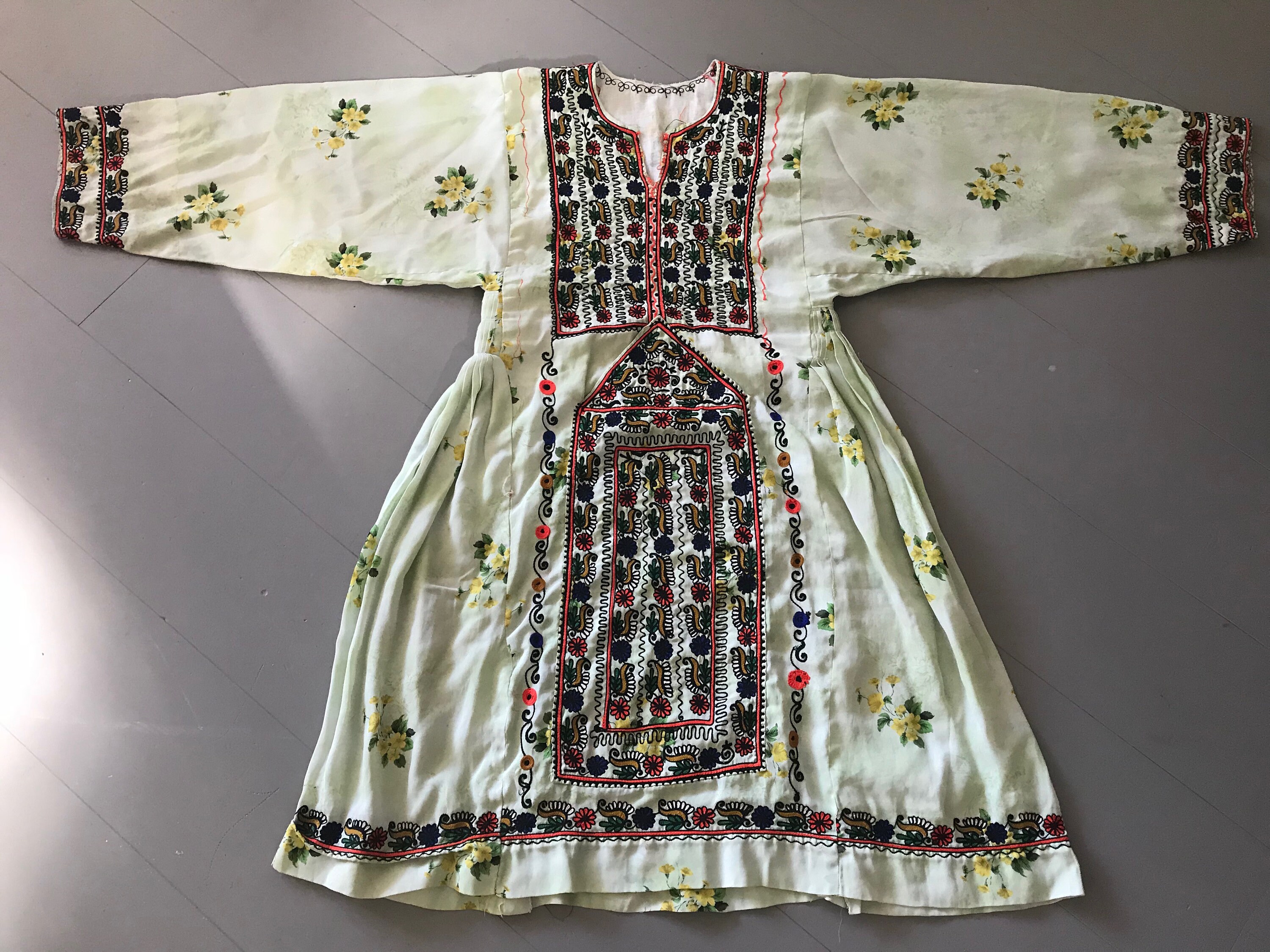 Image of Vintage Silk Afghani Hand-Embroidered Dress in Pale Green Crepe With Beautiful Stitched Detail