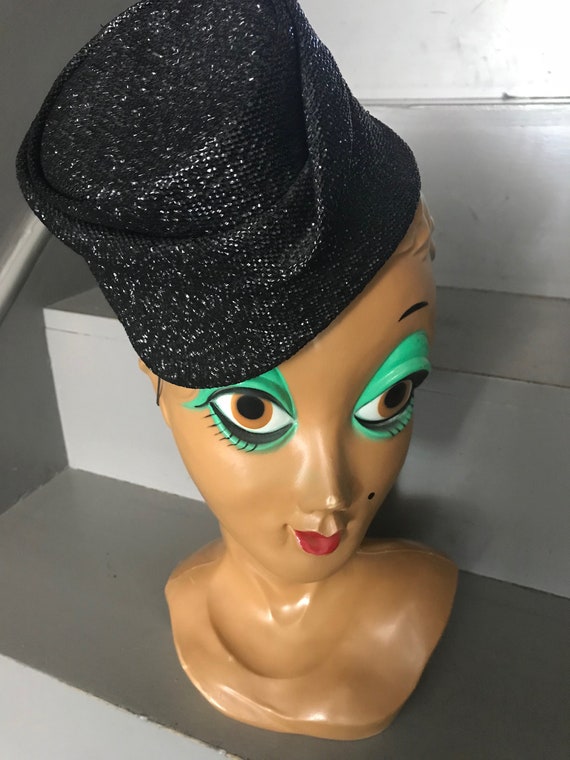 50s-60s Antique Mr. John Classic Pillbox Hat Vintage Mr John Classic Black Pillbox Hat With Rhinestone  main image 3