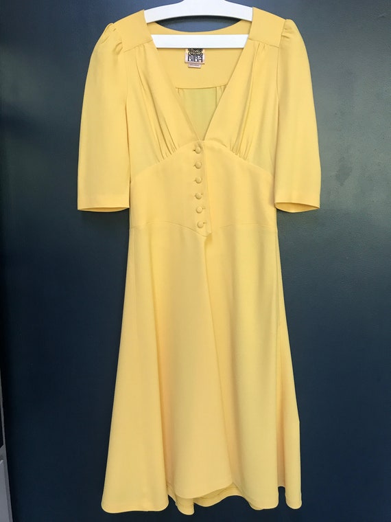 Custard Yellow Biba Summer Dress, 90s Remake of The 70s Style - Button Bodice, Midi Length