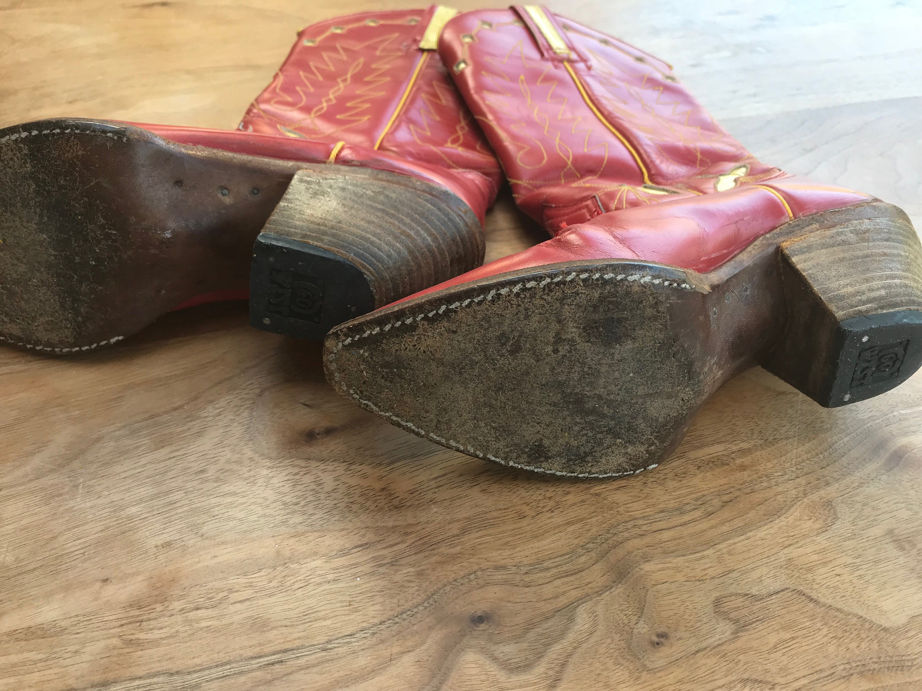 Incredible Vintage Leather Cowboy Boots in Bright Post Box Red, No