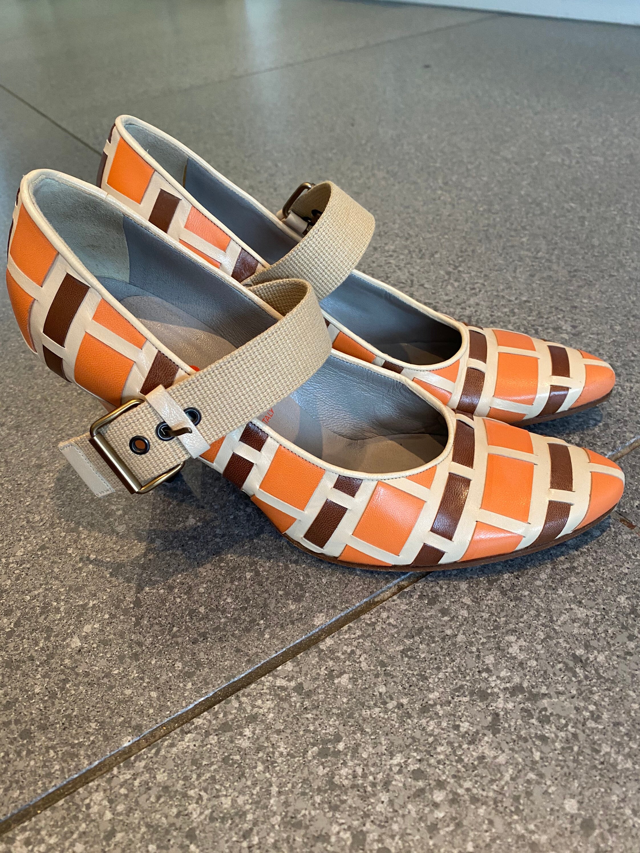 Fabulous Miu Miu Mary Janes Orange/ Cream and Brown Lattice