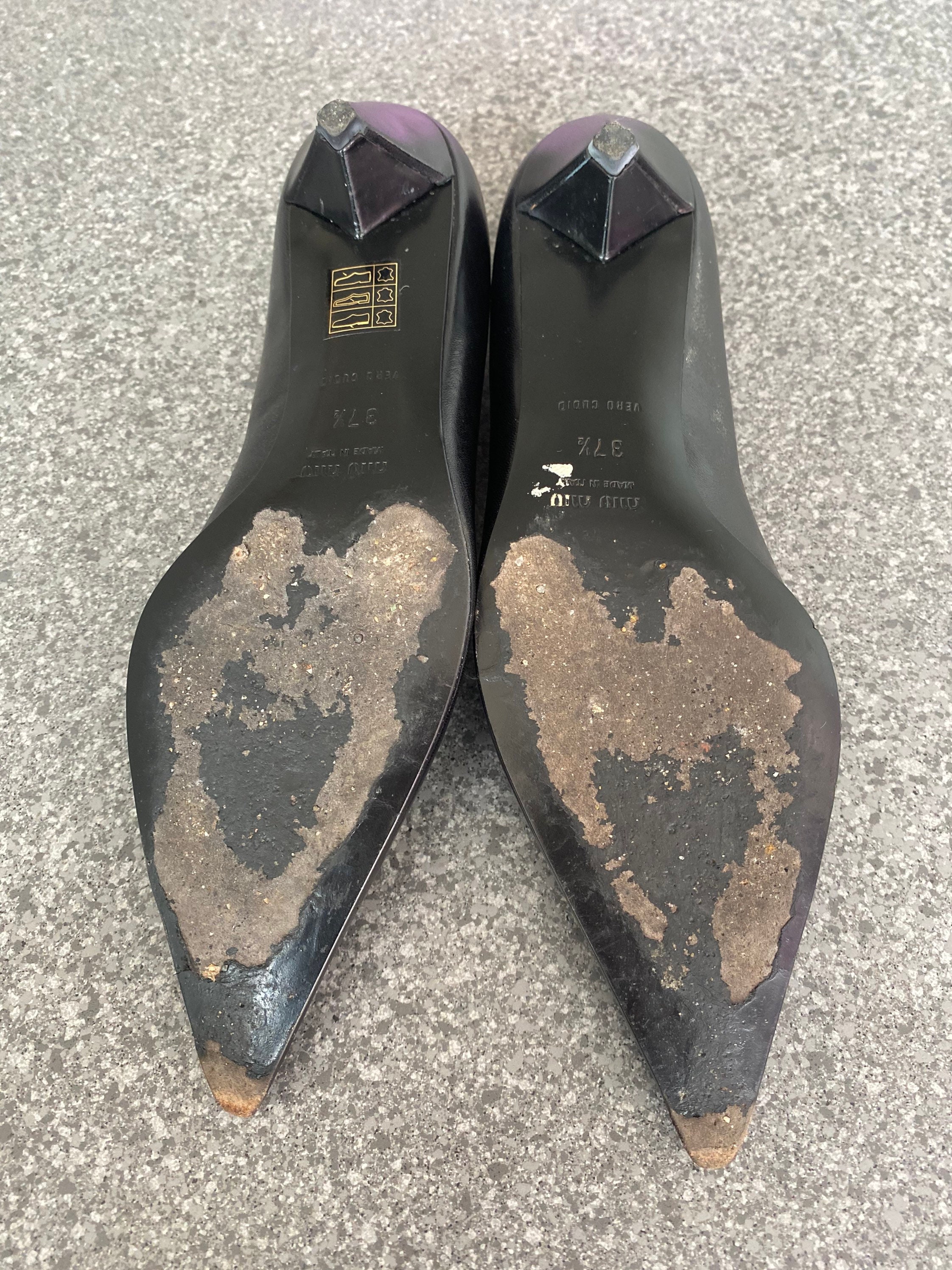 Miu Miu Black Leather Court Shoes With Unusual Triangular Heel Size 37. ...