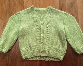 Vintage children's wool cardigan hand knit pea green 2 - 3 years