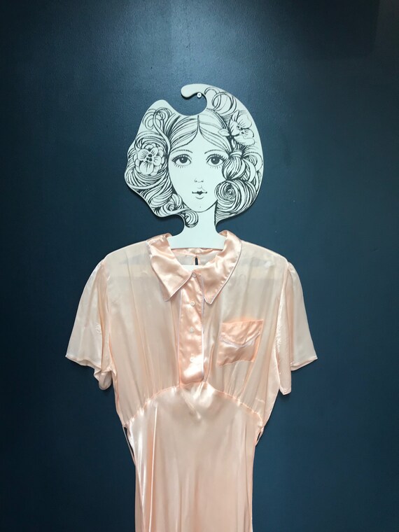 1930s floor length peach satin silk slip dress / n