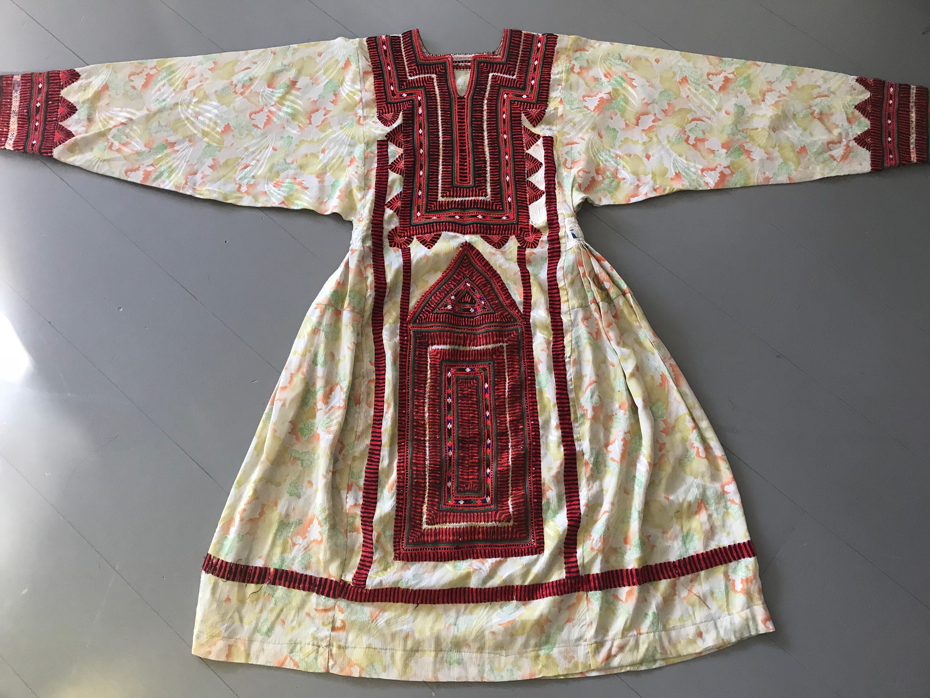 Image of Vintage Afghani Hand-Embroidered Dress in Printed Yellow Crepe With Beautiful Stitched Detail Red, Brown & Green