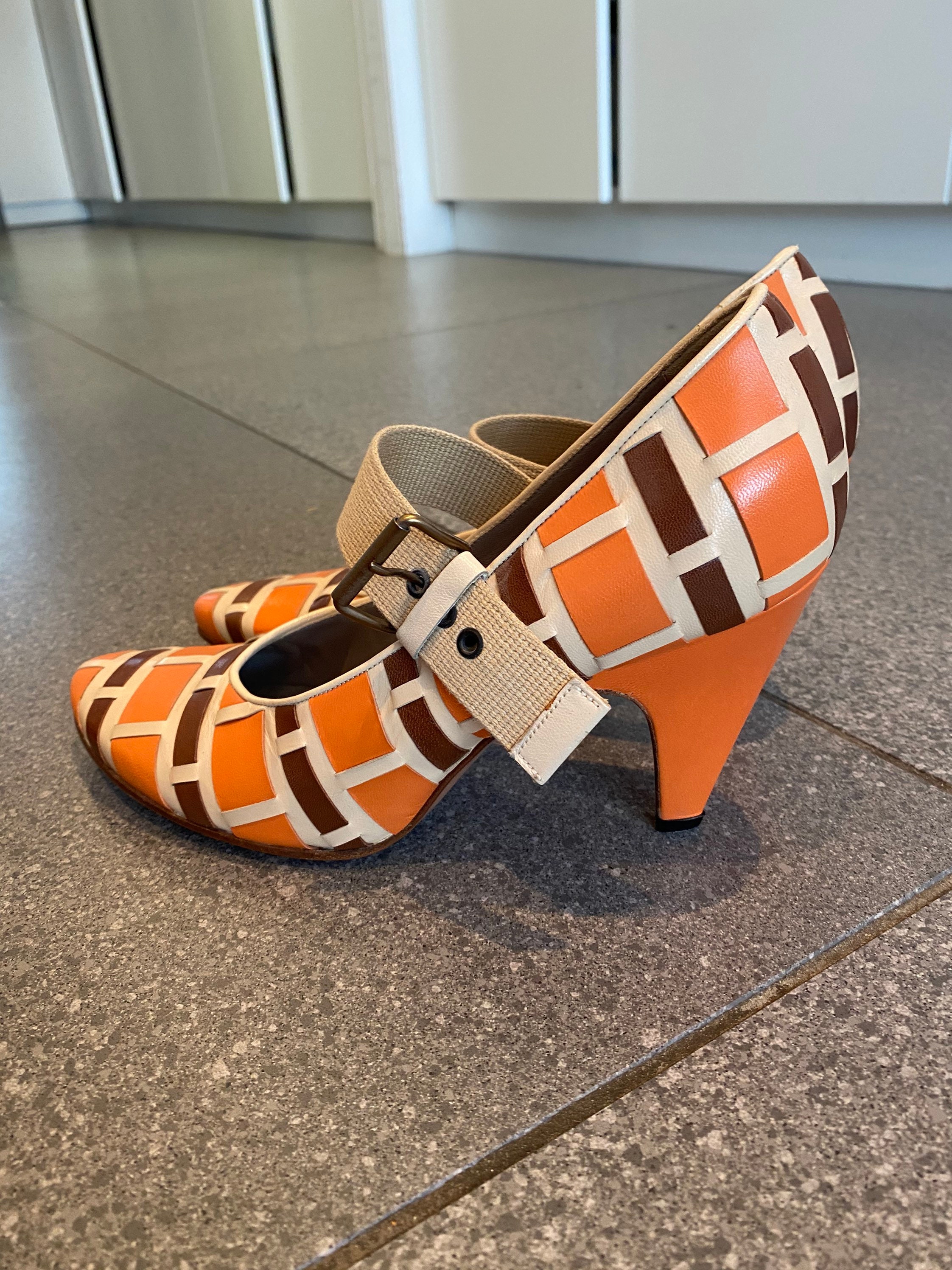 Fabulous Miu Miu Mary Janes Orange/ Cream and Brown Lattice