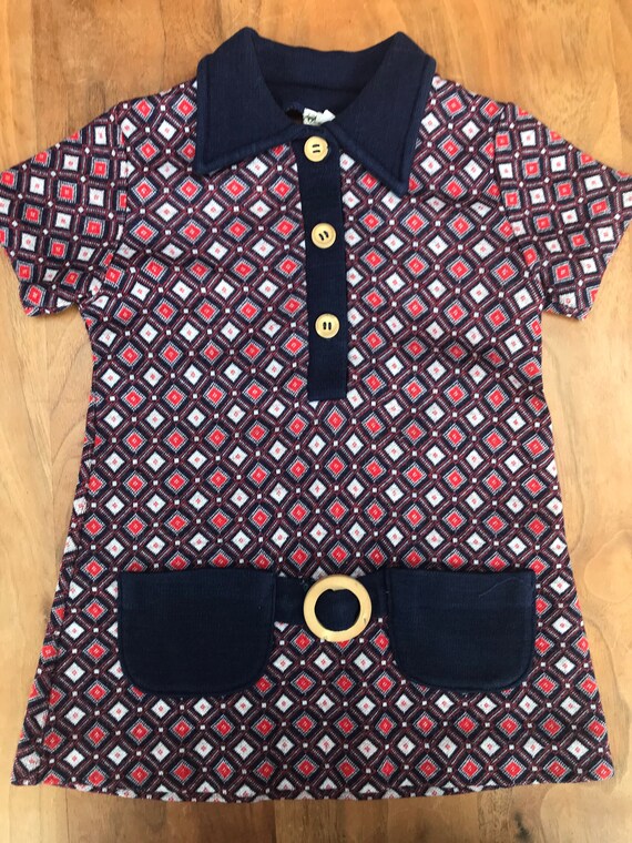 1970s drop-waist jersey dress, girls vintage 18m - 2 years, navy purple red indigo geometric print 1970s drop-waist jersey dress, girls vintage 18m - 2 years, navy purple red indigo geometric print