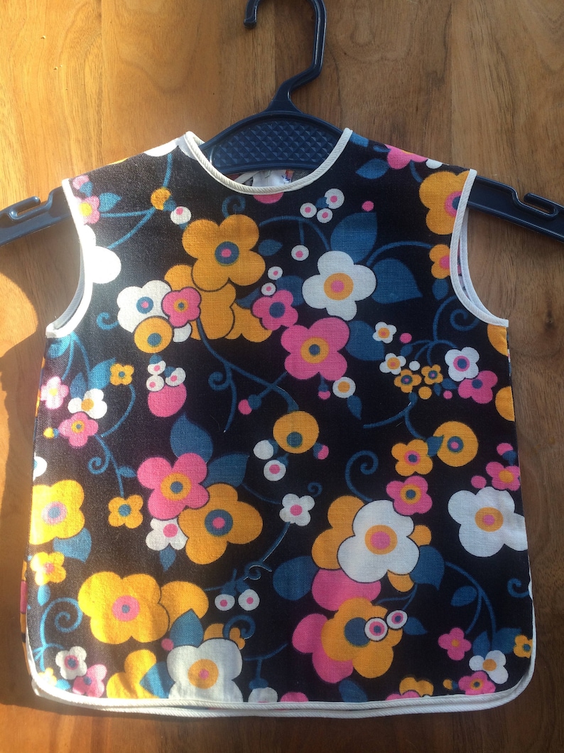 girls 1-2 years vintage 1960s flower power shift tunic in psychedelic floral print with piping trim