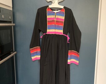 Vintage Indian Hippy Dress in Black with Rainbow Panels