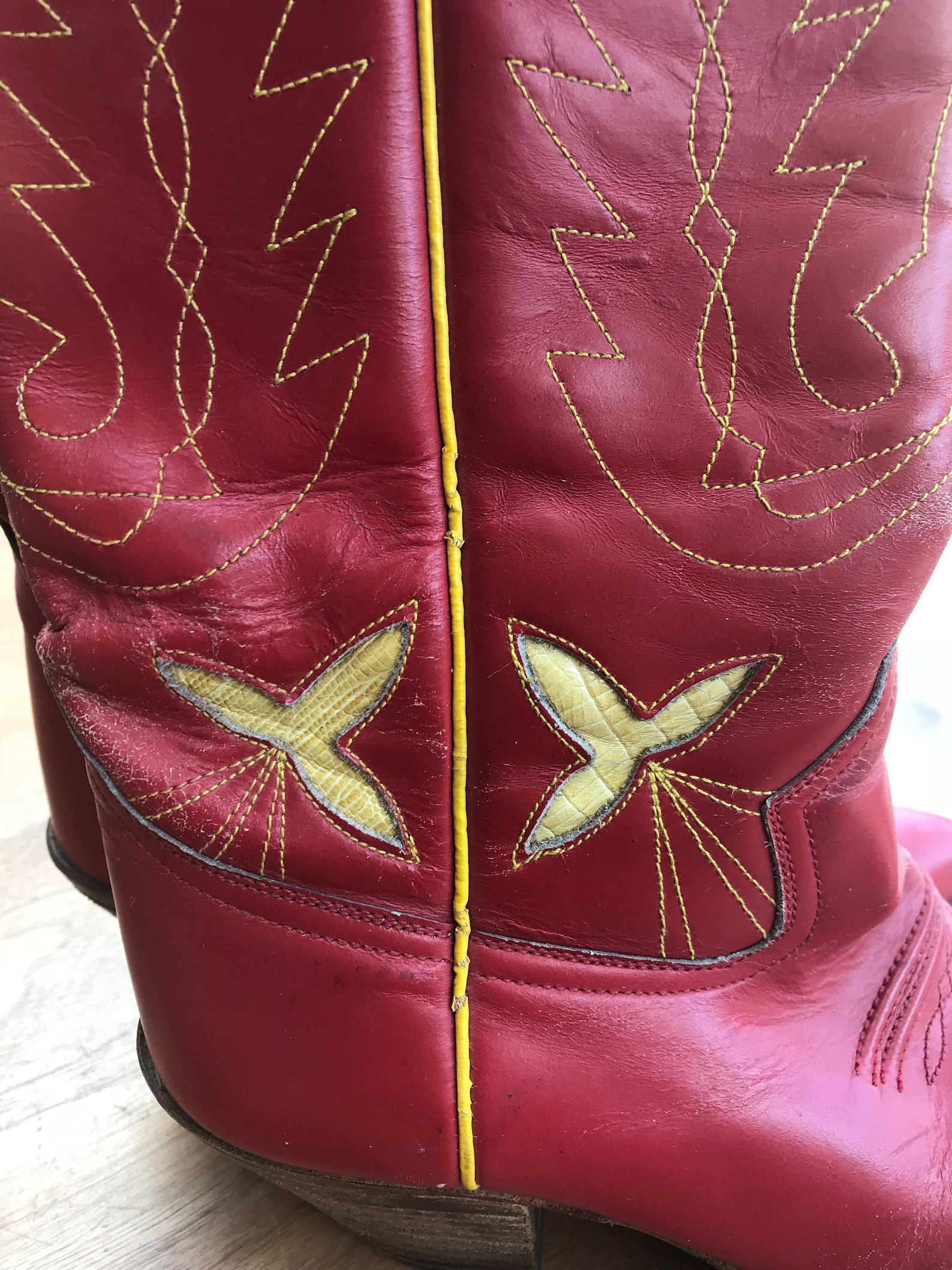 Incredible Vintage Leather Cowboy Boots in Bright Post Box Red, No