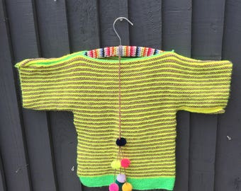 Stripy hand knitted fluro jumper children's 2 - 3 years yellow & green vintage unworn