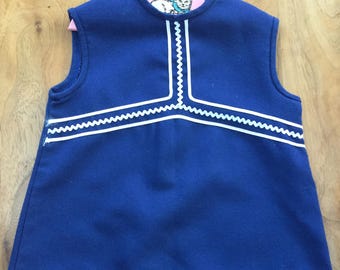 Cute original 1960s tunic winter wool dress girls 2 years, blue & white trim