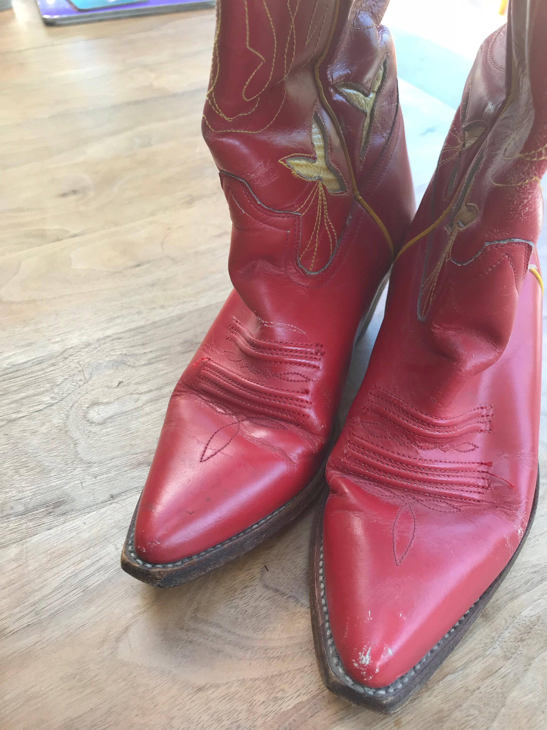 Incredible Vintage Leather Cowboy Boots in Bright Post Box Red, No