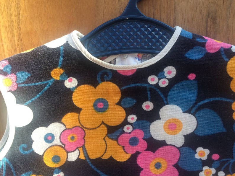 girls 1-2 years vintage 1960s flower power shift tunic in psychedelic floral print with piping trim