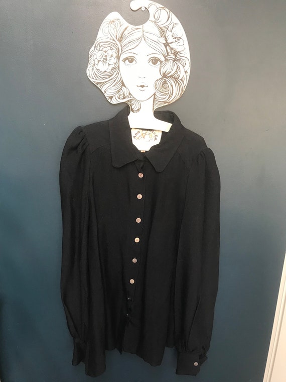 1970s Ann Reeves crepe black blouse with blouson … - image 1