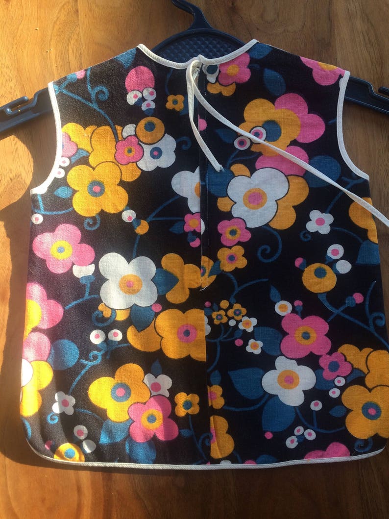 girls 1-2 years vintage 1960s flower power shift tunic in psychedelic floral print with piping trim