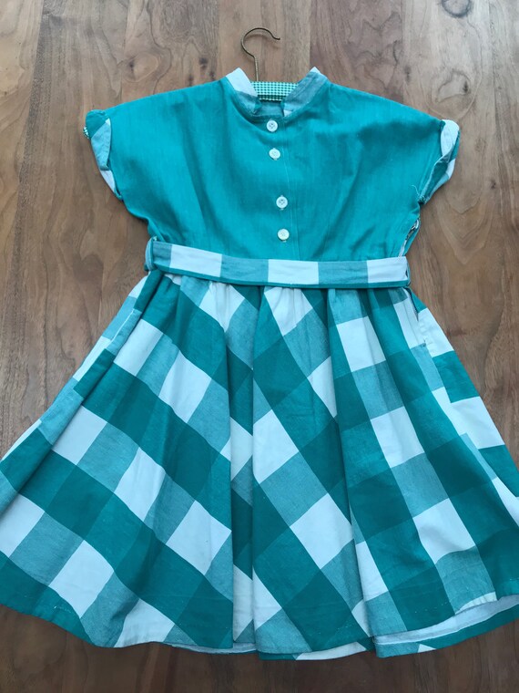 Green gingham 1950s swing dress, girls vintage, 6