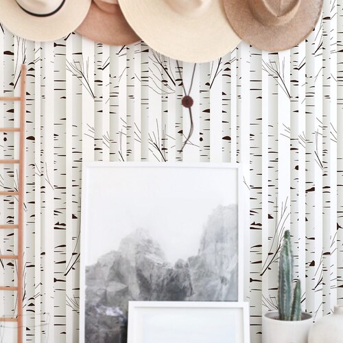 Black White Wood Removable Wallpaper Birch Tree Wall Mural Etsy