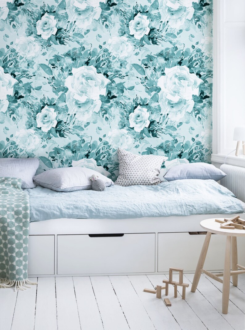 Aqua Flowers Removable Wallpaper Blue Wall Mural Etsy