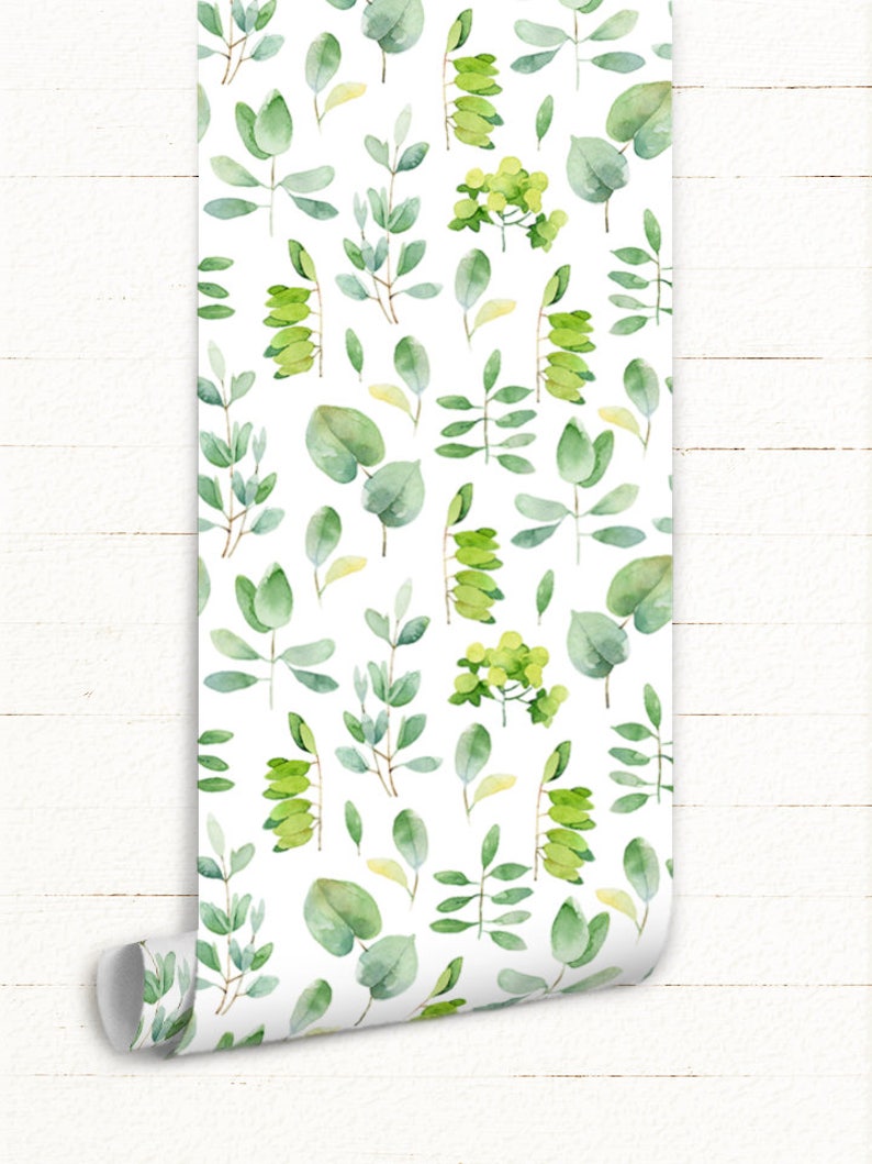 Watercolor Leaves Removable Wallpaper Green Wall Mural Etsy
