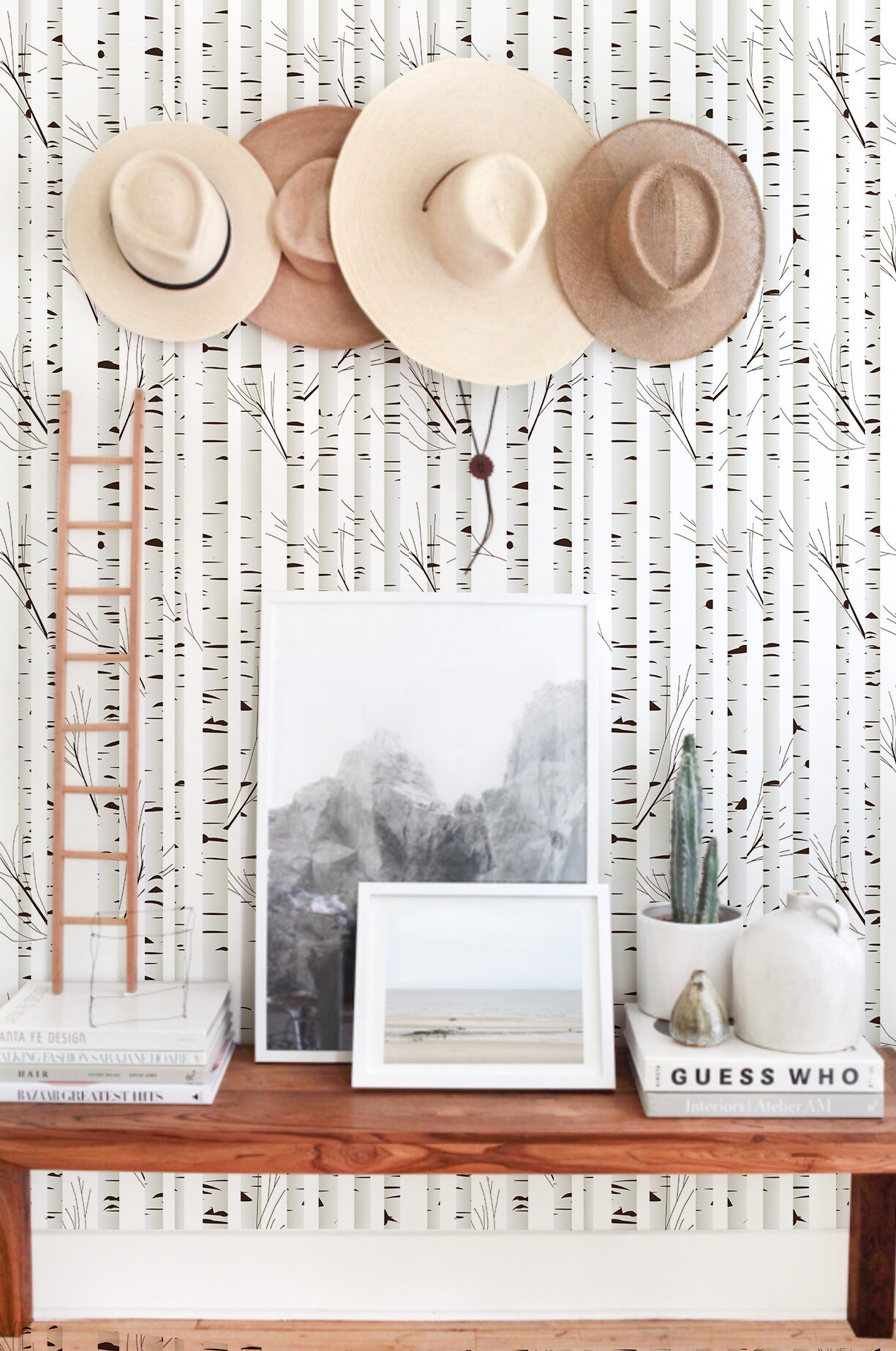 Black white wood removable wallpaper birch tree wall Etsy