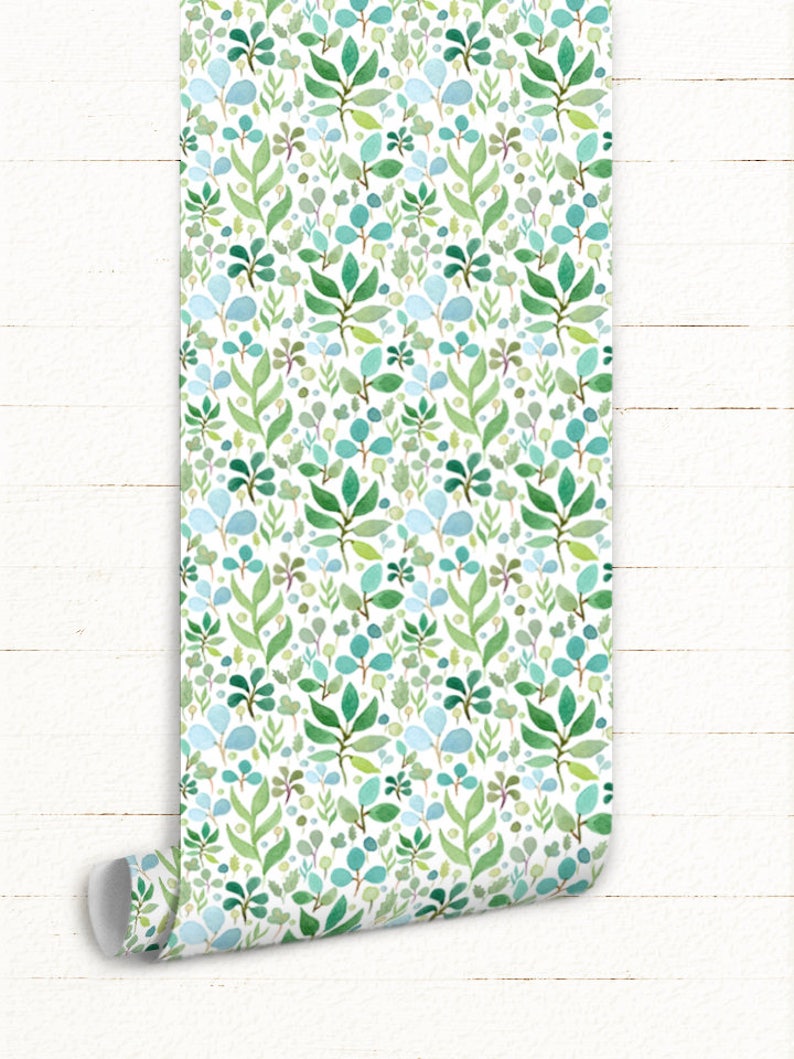Watercolor Green Leaves Removable Wallpaper Green Wall Etsy