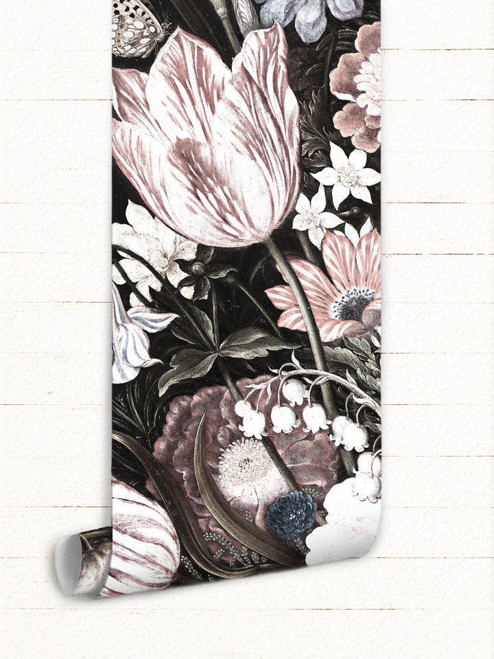 Vintage Floral removable wallpaper dark wall mural Etsy