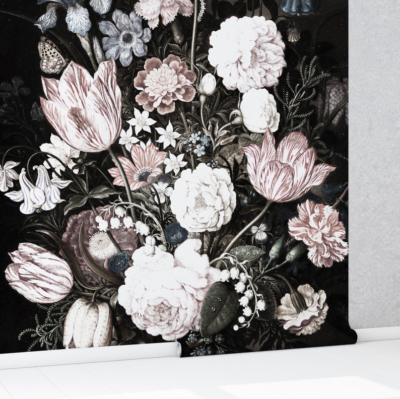 Vintage Floral Removable Wallpaper Dark Wall Mural Etsy