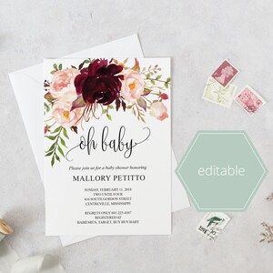 May include: A baby shower invitation with a floral design featuring burgundy and blush pink flowers. The text reads "oh baby" and "Mallory Petitto".