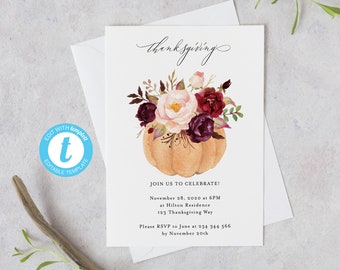 Thanksgiving Dinner Einladung Vorlage, bearbeitbares druckbares Thanksgiving einladen, Friendsgiving Dinner Party, Sofort Download #WB4