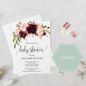 May include: A printable baby shower invitation with a floral design featuring burgundy and pink flowers. The invitation text reads "Please join us for a baby shower honoring Mallory Petitto".
