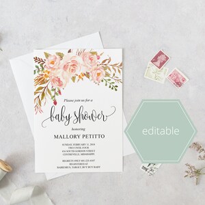 May include: A white baby shower invitation with a floral design in shades of pink, orange, and green. The text reads "Please join us for a baby shower honoring Mallory Petitto".