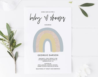 Rainbow Baby Shower Invitation Template, Editable Boho Rainbow Invite, Pastel Gender Neutral, Printable Digital Download