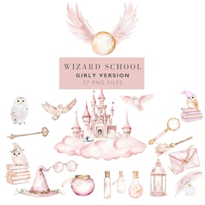 Girly Zauberer Party Clipart, Hexen und Zauberer Rosa PNG, Rosa Magische Clipart, Zauberer Hogwarts Clipart Handgezeichnetes Aquarell